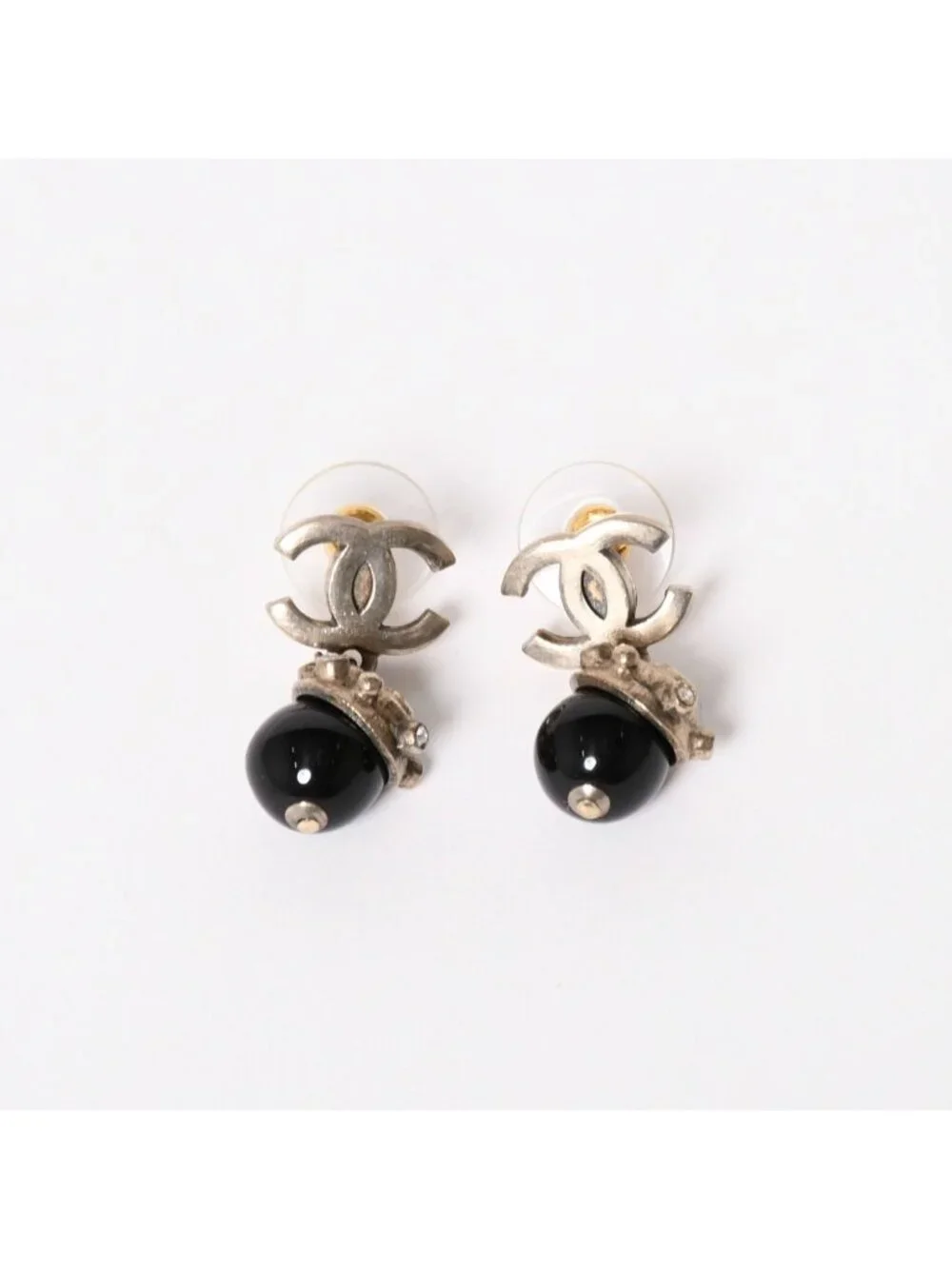 Chanel CC Logo Swing Ball Earrings 05 Resin Rhinestone Black Silver